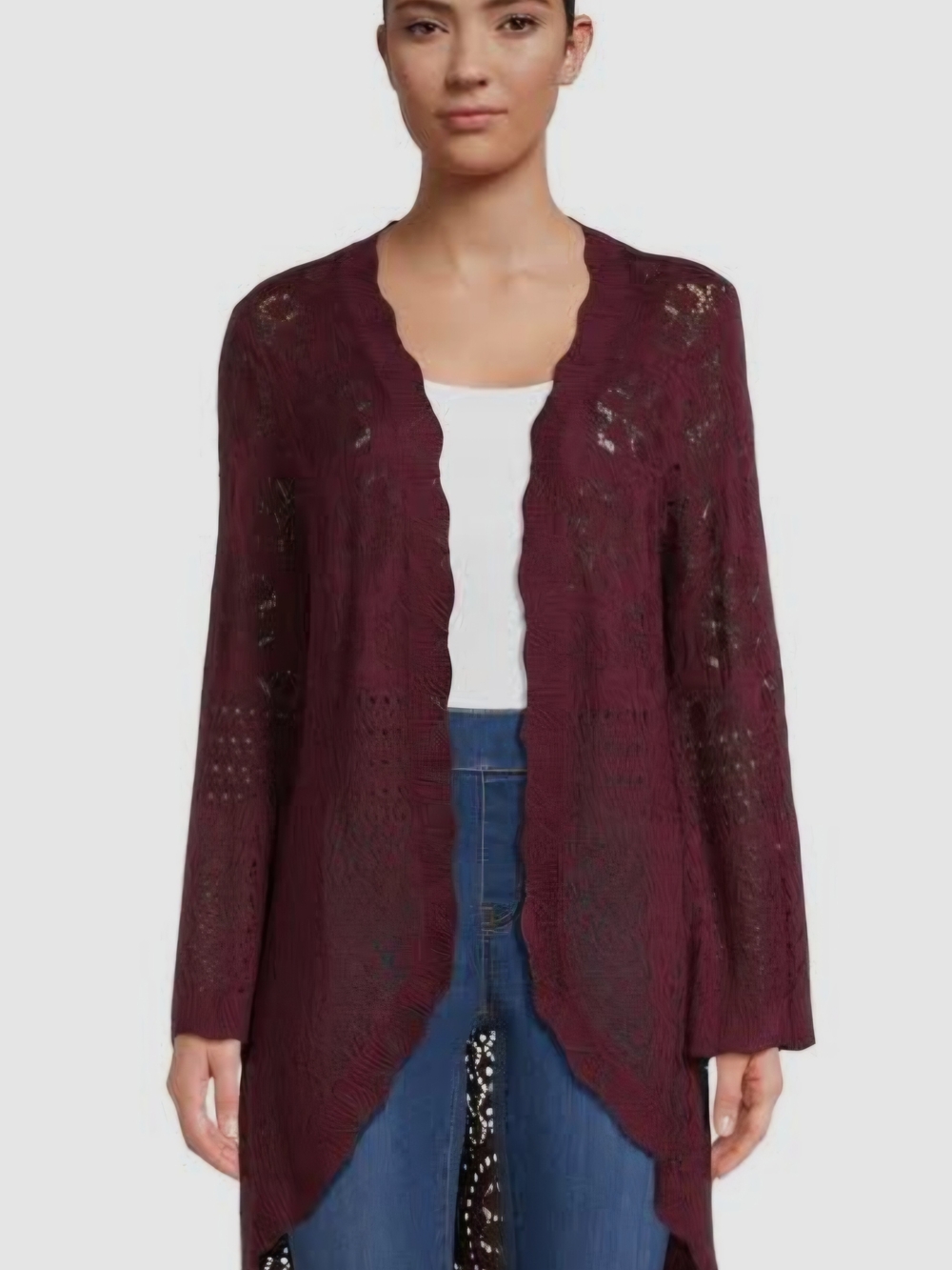 The Pioneer Woman Open-Front Scalloped Cardigan - Burgundy
